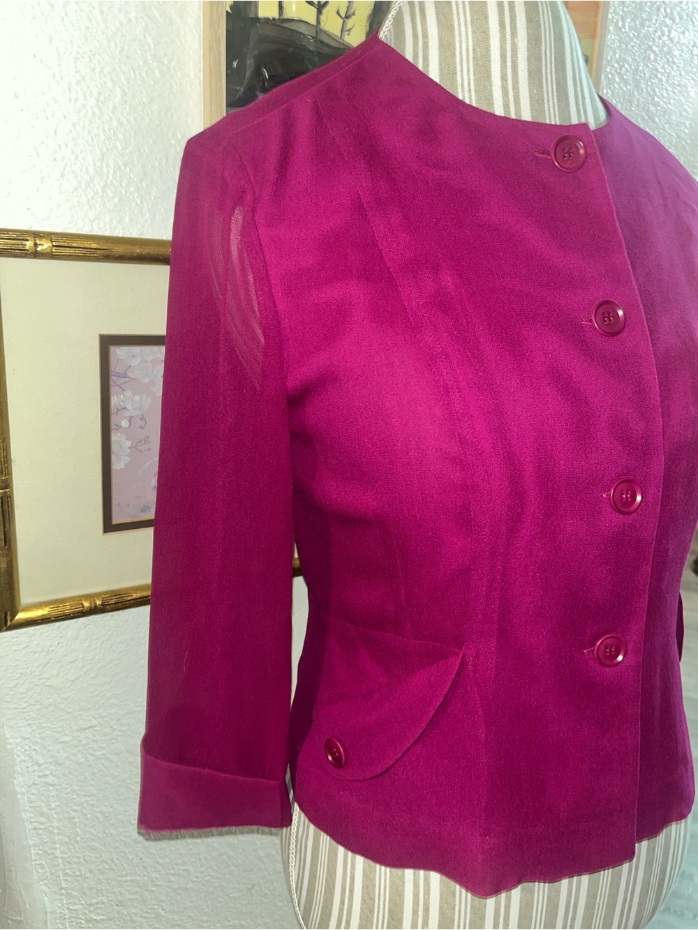 Vintage 90s Cynthia Howie 100% Silk Fuchsia Cropped Blazer Jacket Sz 8